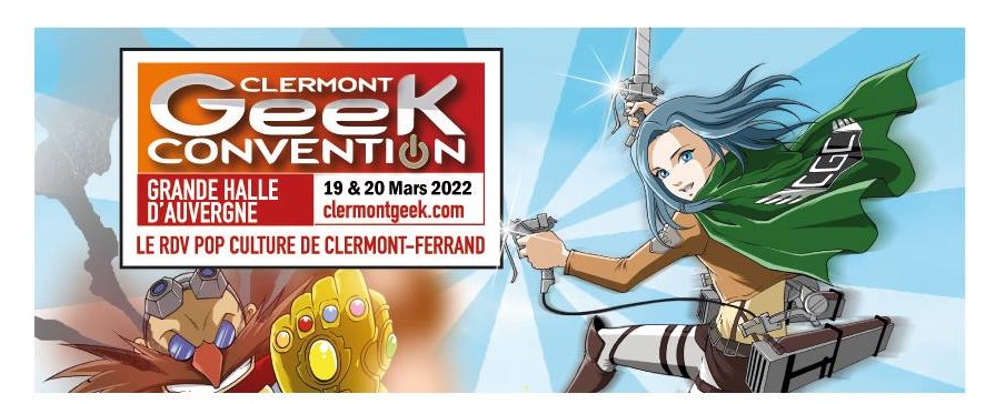bannière sur le site internet de la convention de fan Geek de clermont. Titre de la convention et dessin animé d'un membre du bataillon d'exploration de l'attaque des titans