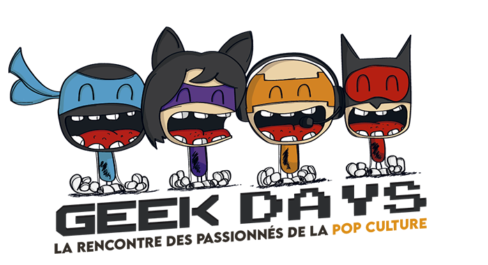 logo de la convention de fans : geek days. 4 personnages déguisés en super héros souriants.