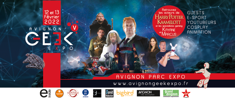 Affiche de la convention de fan Avignon Geek Expo. Personnages de film cultes tel que harry potter ou le seigneur des anneaux.